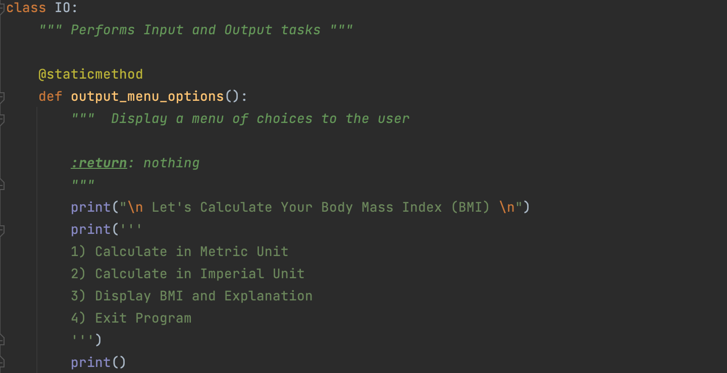 Presentation – menu of options