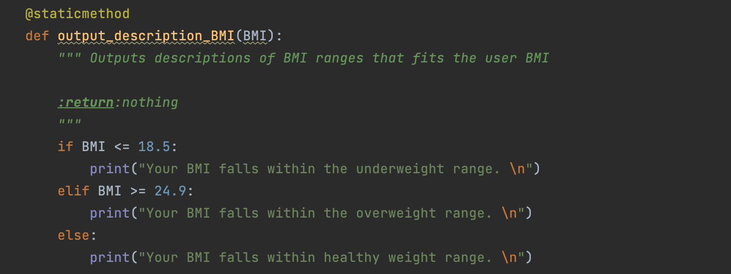 Presentation – user input and BMI range output