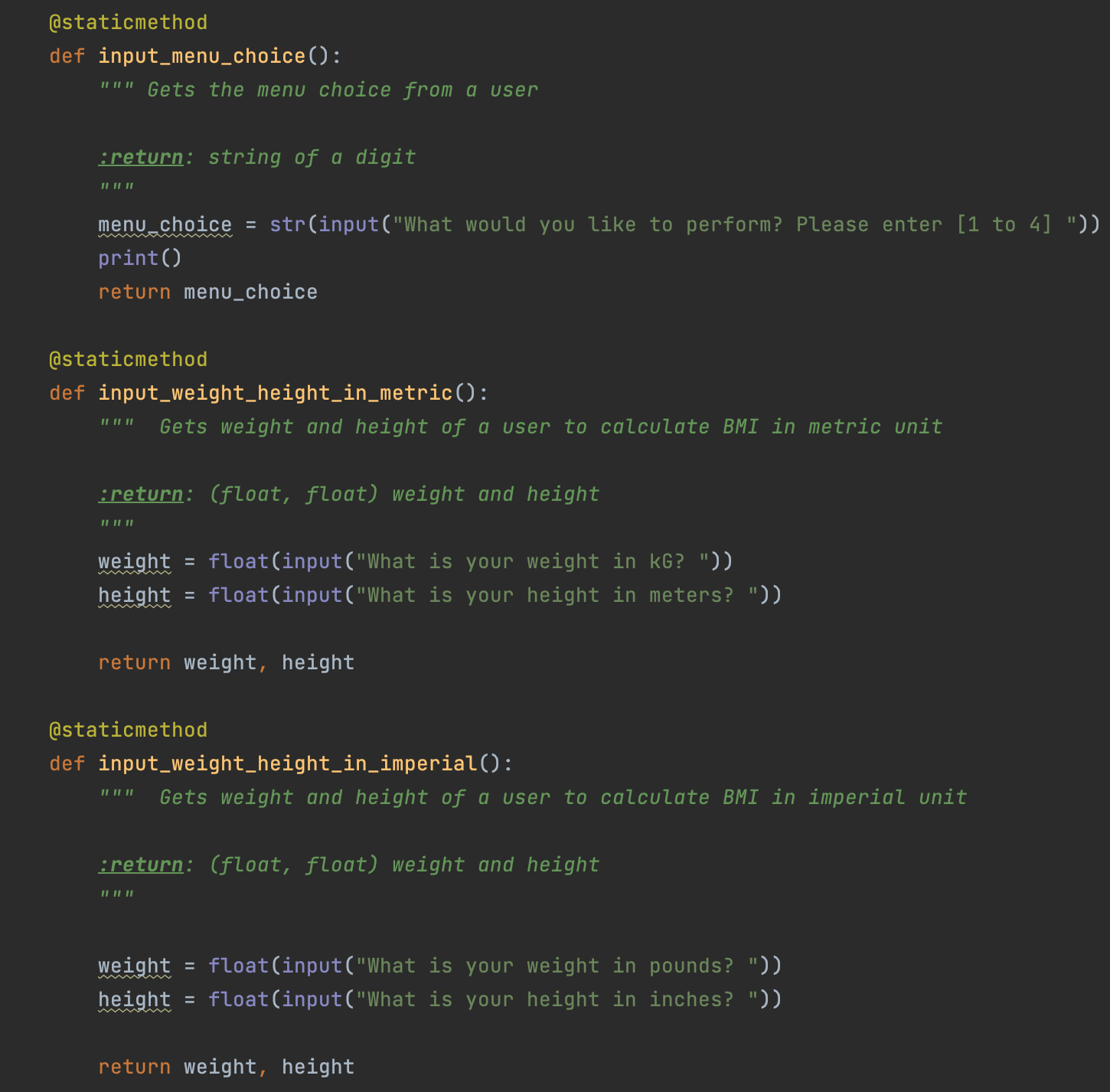 Presentation – user input and BMI range output