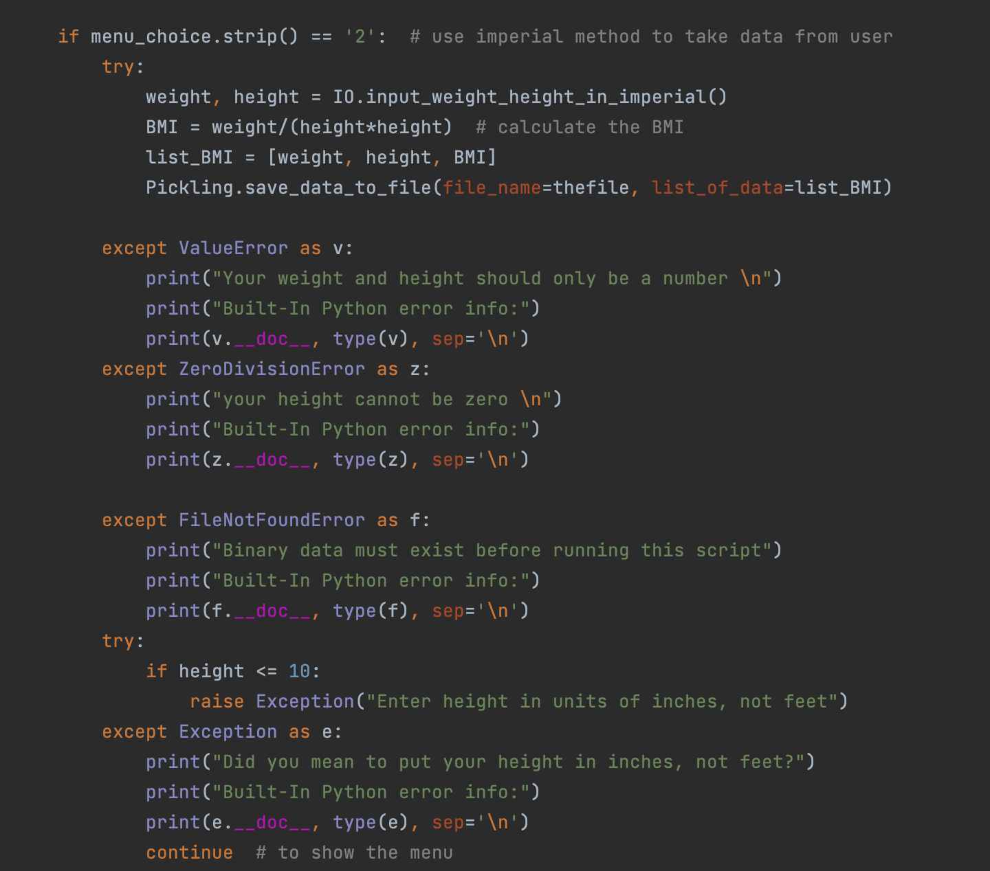 main – try statement - except clause (imperial)