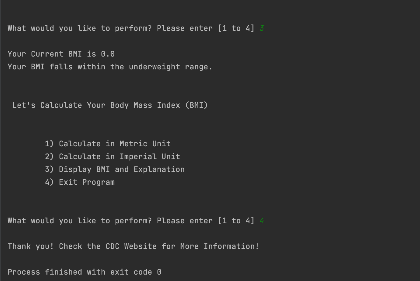 BMI script run in PyCharm (2)
