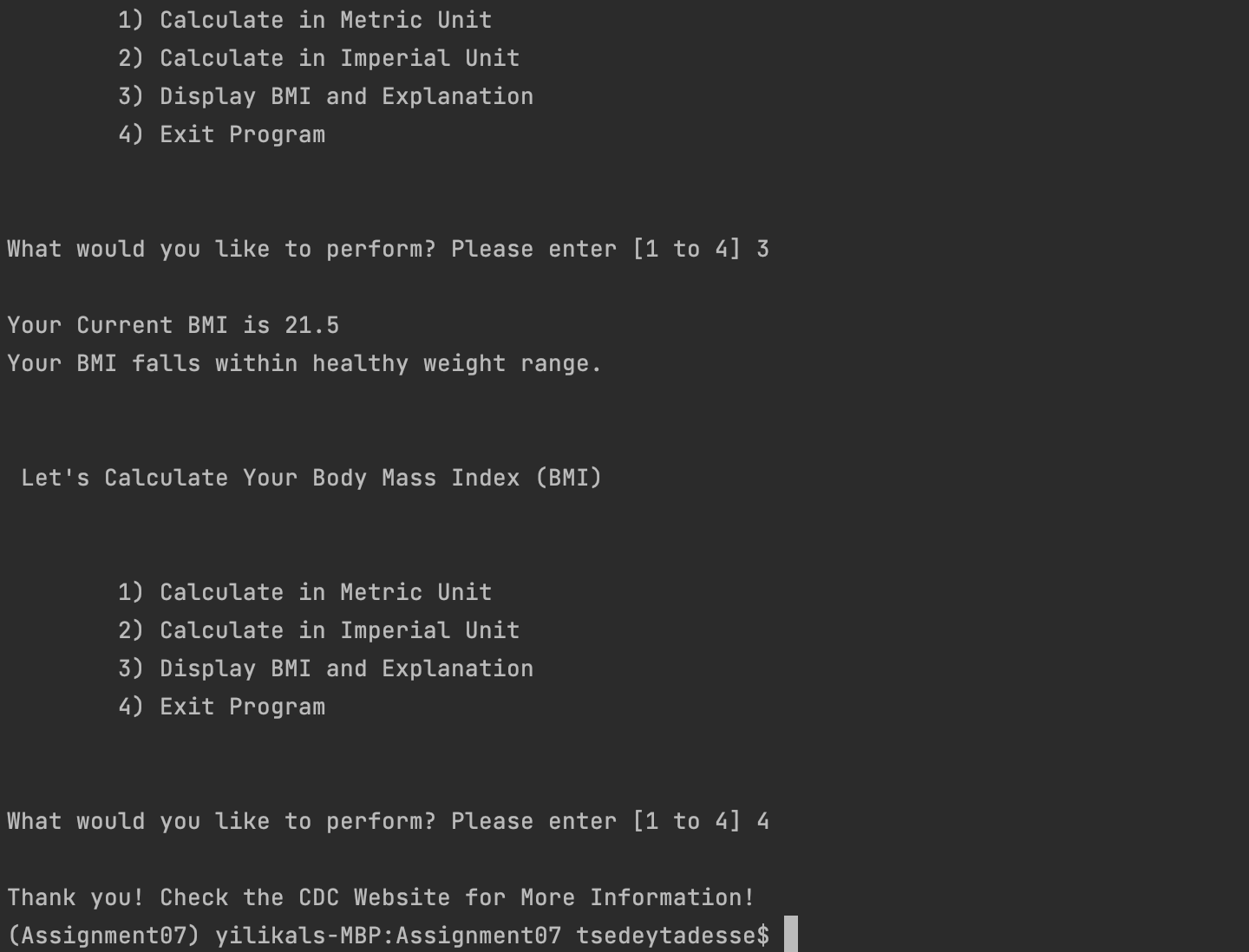 BMI script run in Terminal